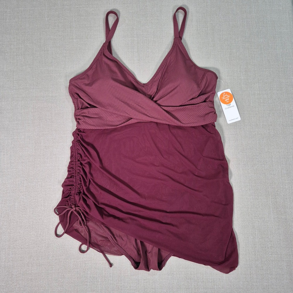 Charmo Women Burgundy Ribbed Ruched One Piece Swim Dress XL New With Tags